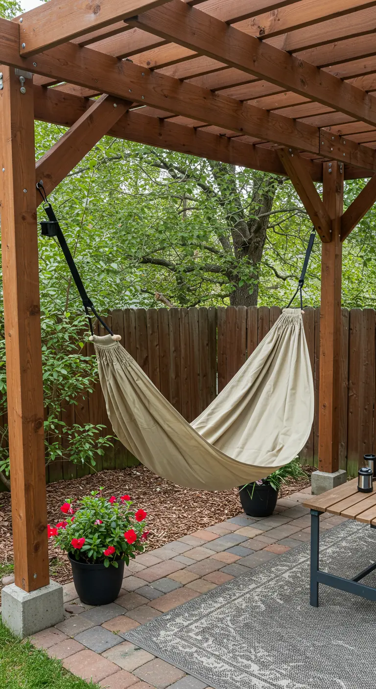 Crèmekleurige hangmat diagonaal opgehangen onder een houten pergola.