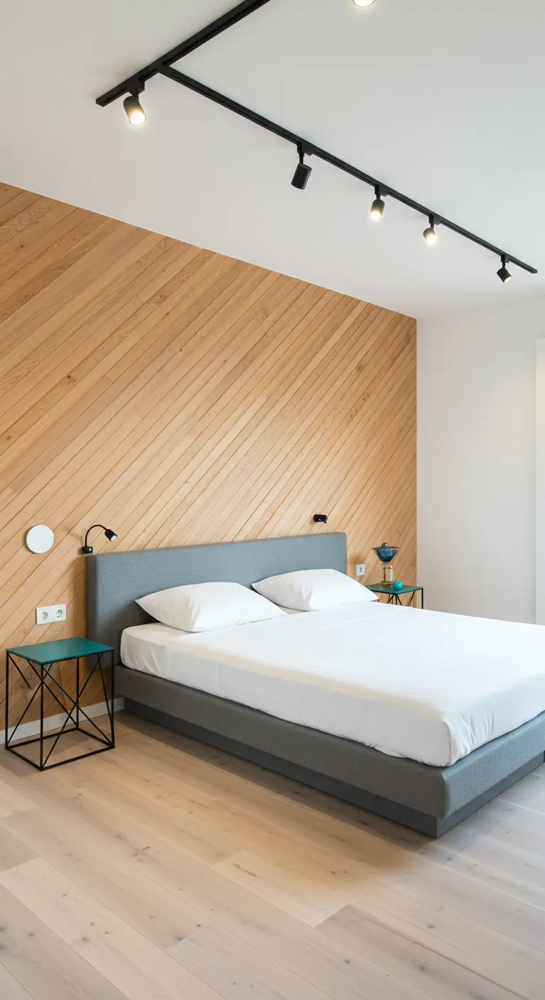 Lichte houten lattenwand met diagonaal geplaatste latten voor een speels effect.