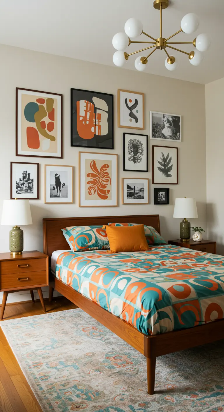 Mid-century modern slaapkamer met gallery wall boven het bed.