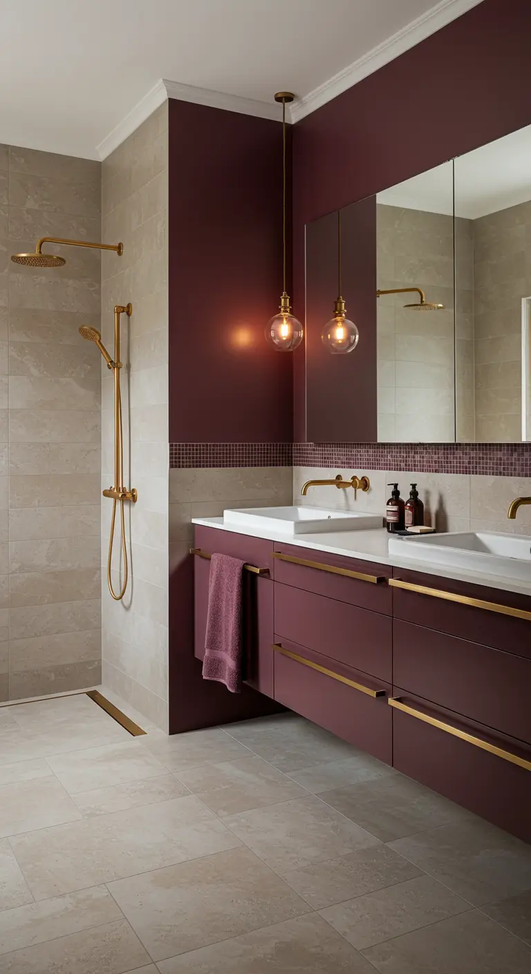 Chique badkamer met bordeauxrode accentmuur, donker meubel en gouden details.