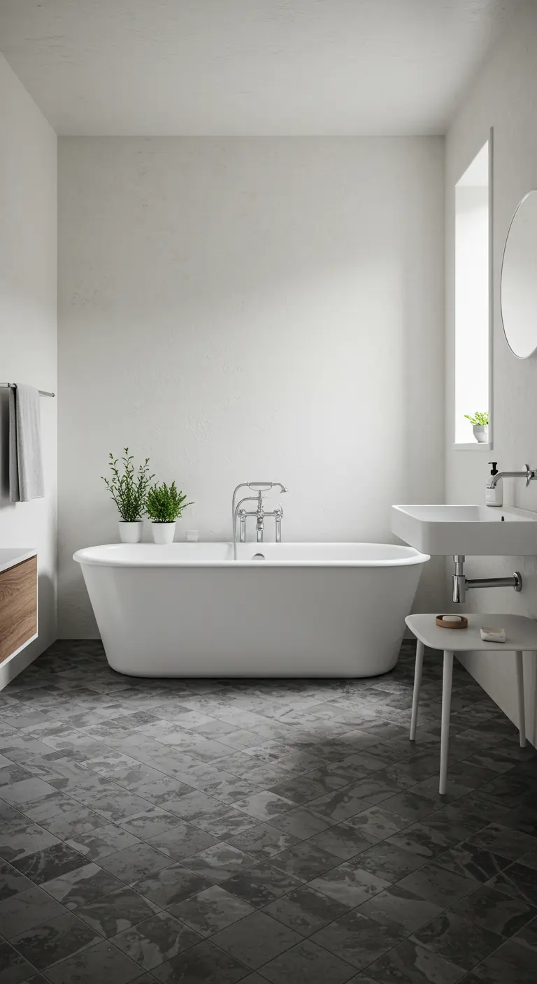 Minimalistische badkamer met donkergrijze tegelvloer en wit vrijstaand bad.