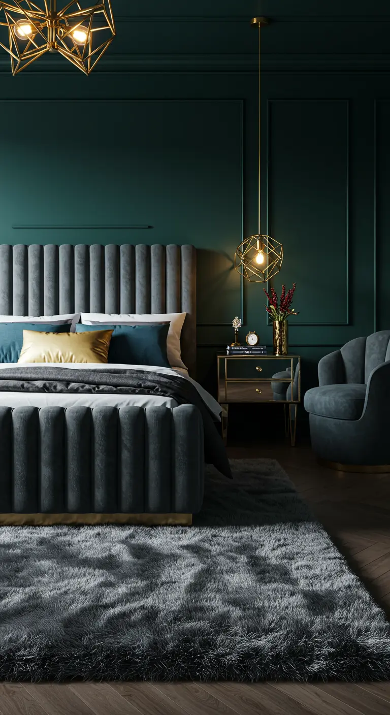 Luxe donkergroene slaapkamer met een groot, donkergrijs hoogpolig vloerkleed.