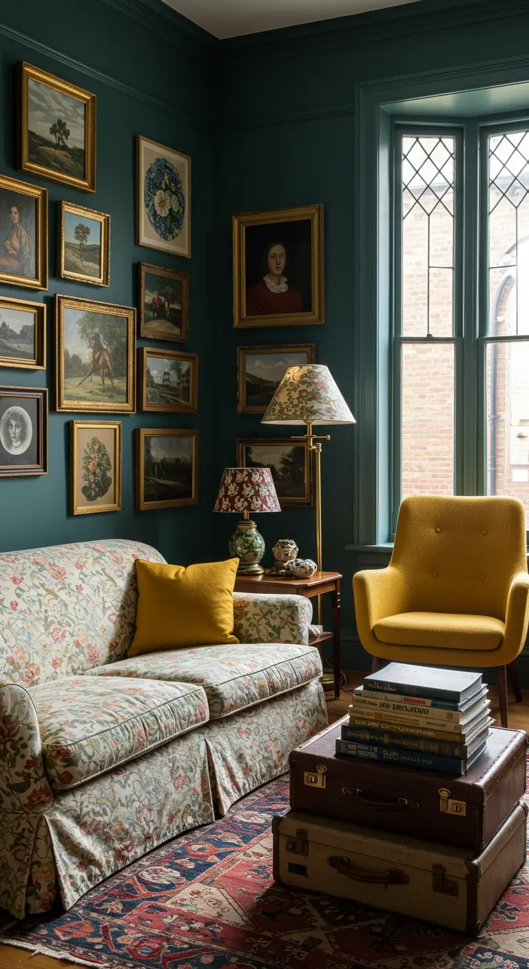 Donkergroene woonkamer met een bloemenbank, gele fauteuil en een galerijwand met gouden lijsten.