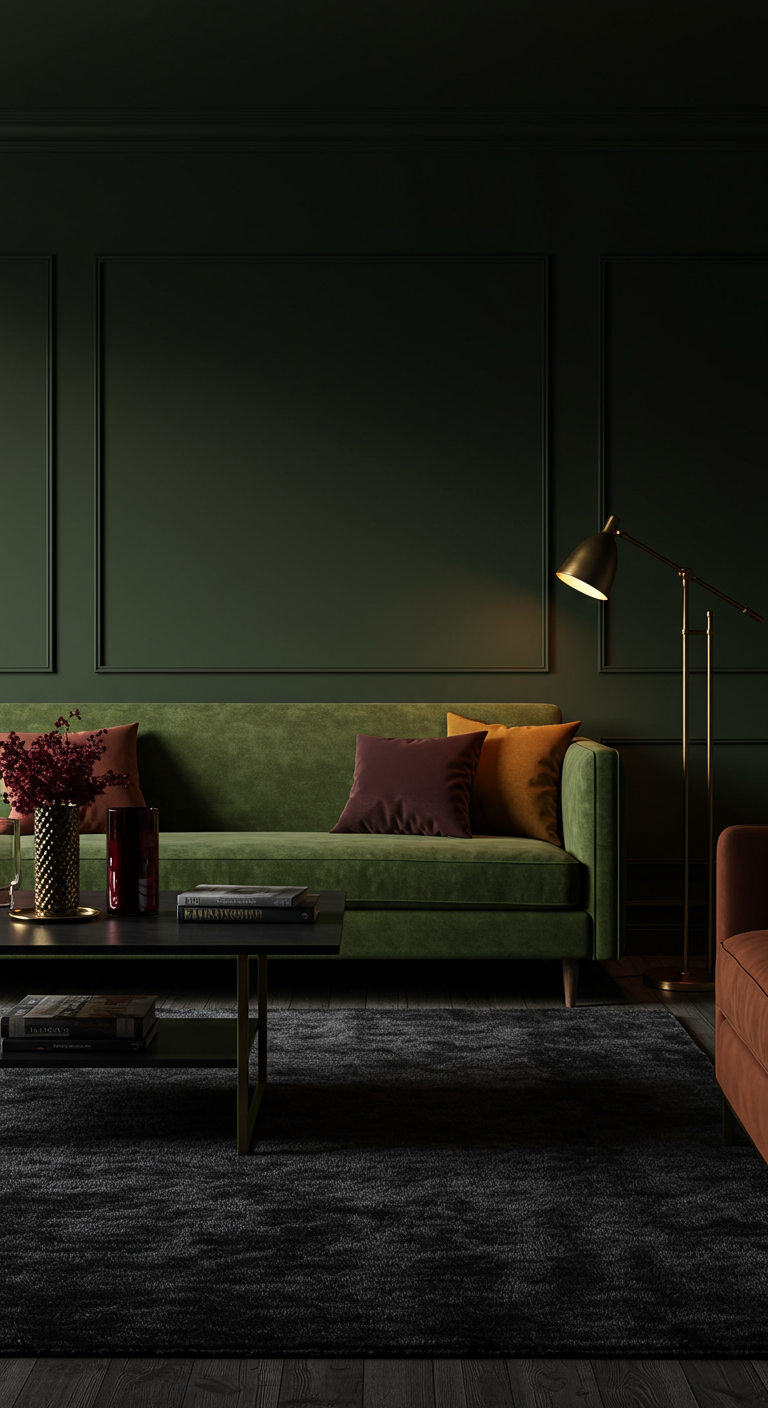 Donkere, intieme woonkamer met diep olijfgroene muren en accentverlichting.