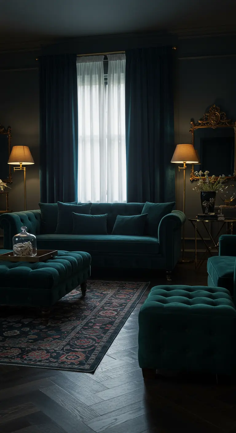Donkere, luxe woonkamer met diepgroene fluwelen bank, gouden lampen en Perzisch tapijt.