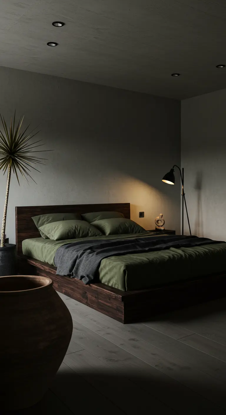 Slaapkamer in donkere Japandi-stijl met groen beddengoed, donkerhouten bed en grote plant.