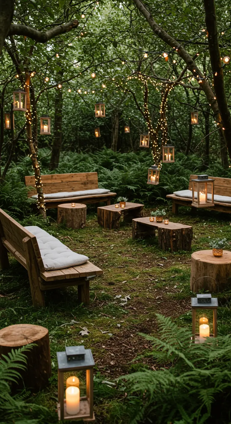 Boslounge met houten banken, boomstammen, lantaarns en duizenden kleine lichtjes tussen de bomen.