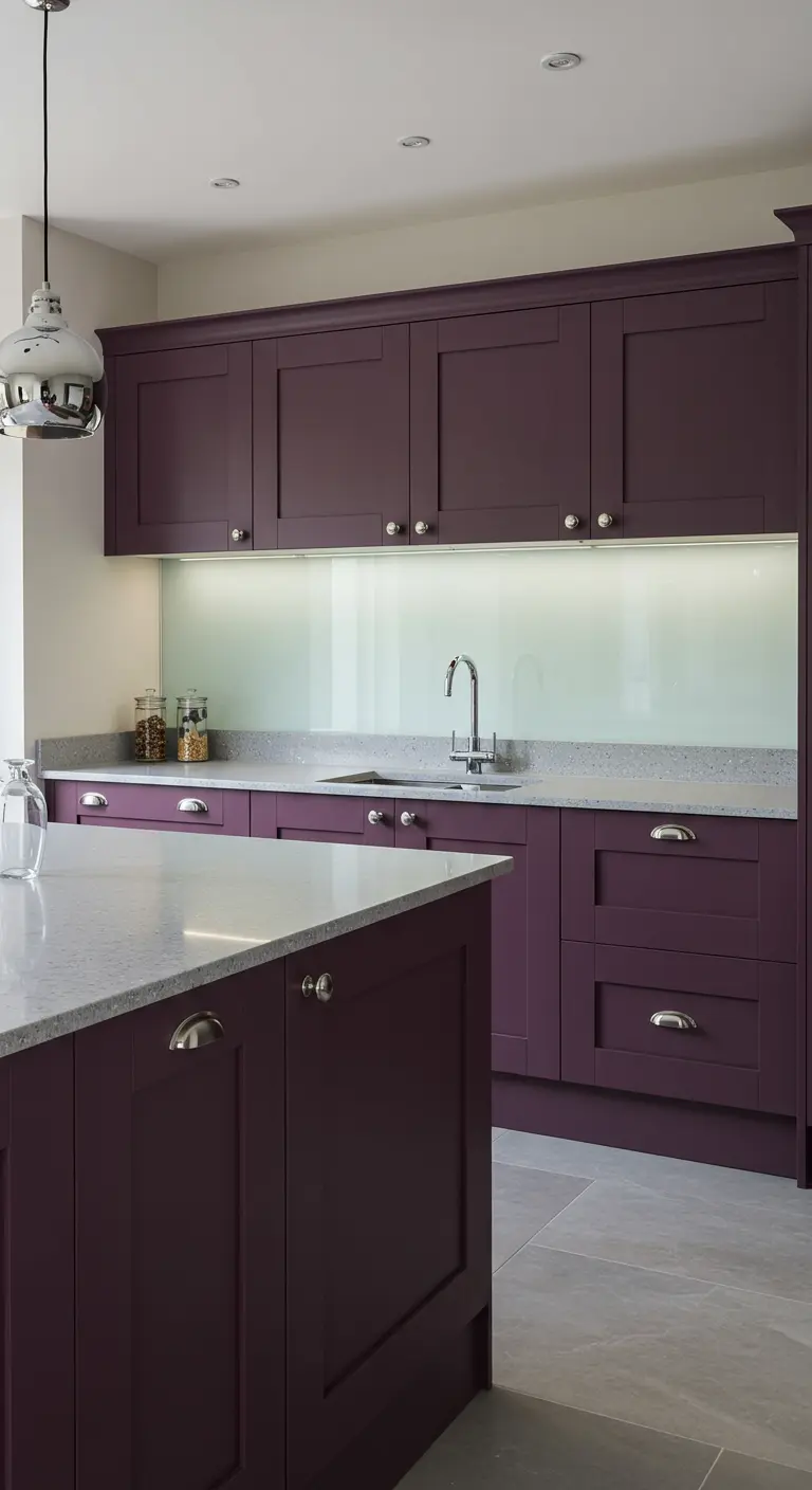 Elegante keuken met dieppaarse kasten, grijs gespikkeld werkblad en glazen achterwand.