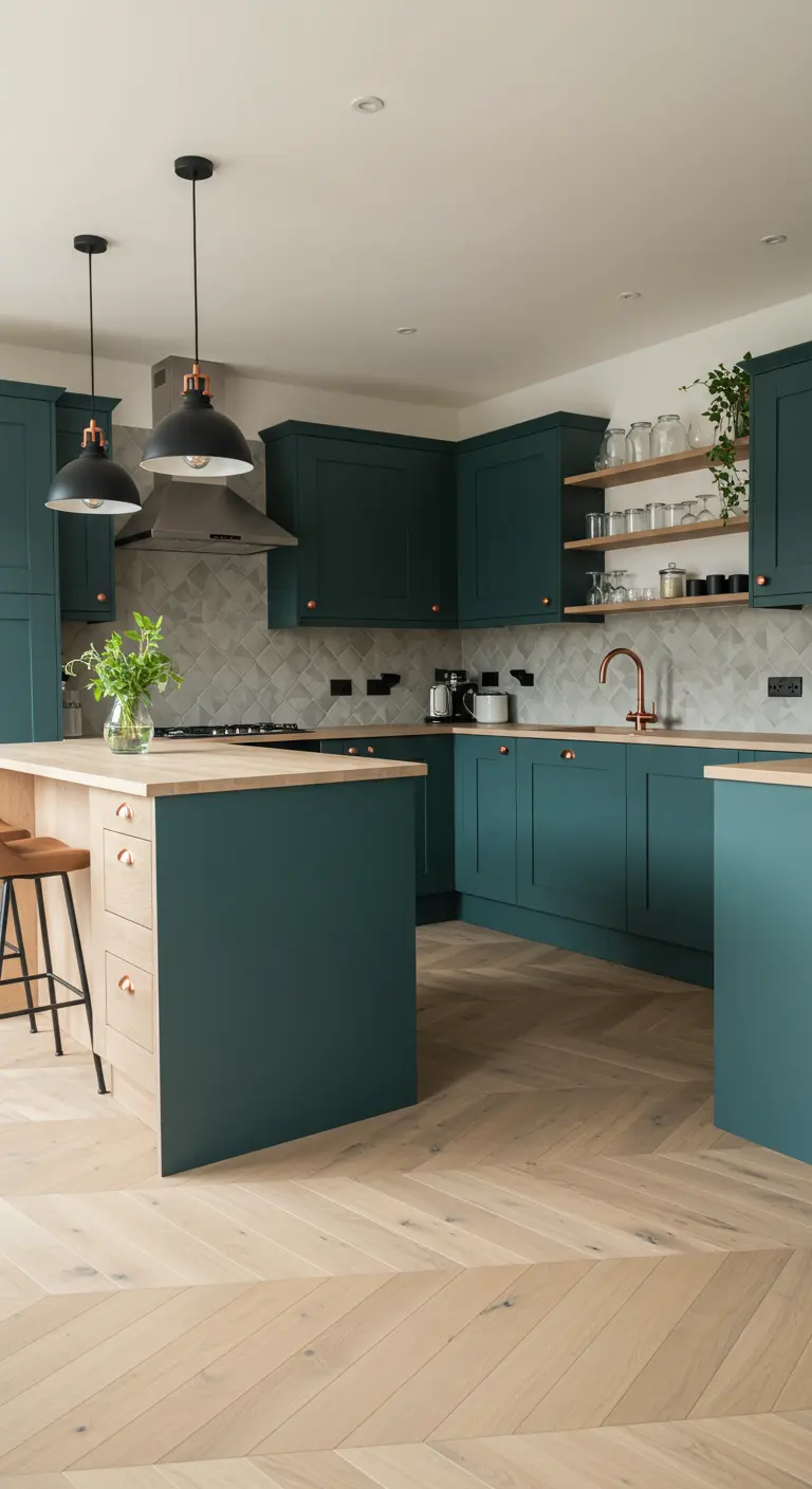 Moderne keuken met diepgroene kasten, houten eiland, koperen accenten en lichte visgraatvloer.