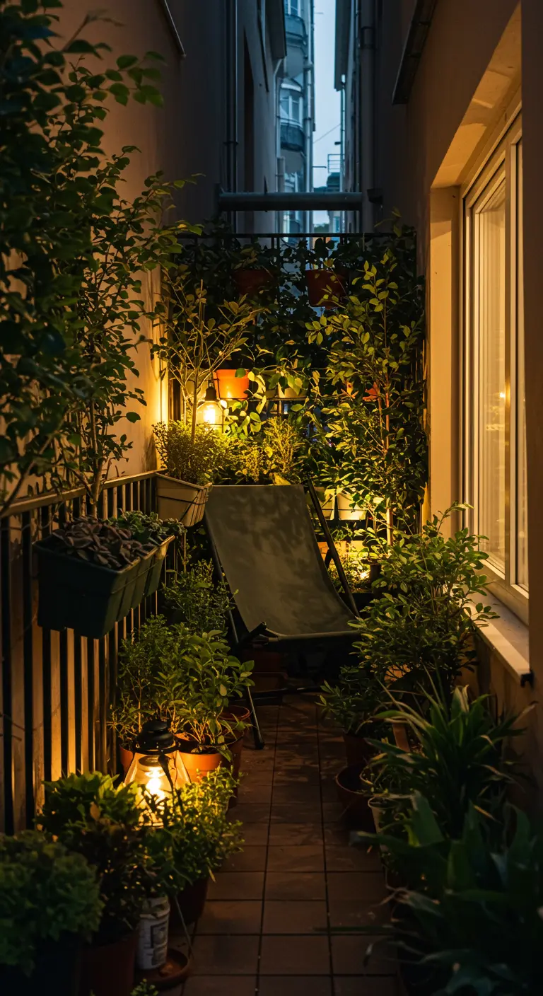 Smal, diep balkon vol planten en sfeerverlichting met een eenvoudige klapstoel.