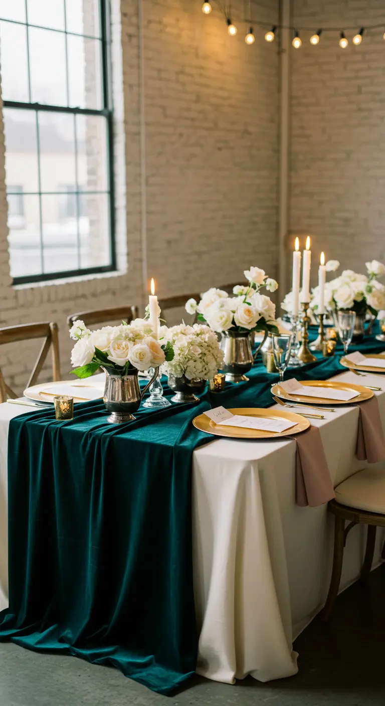 Elegante bruiloftstafel met smaragdgroene fluwelen loper, witte bloemen en gouden details.