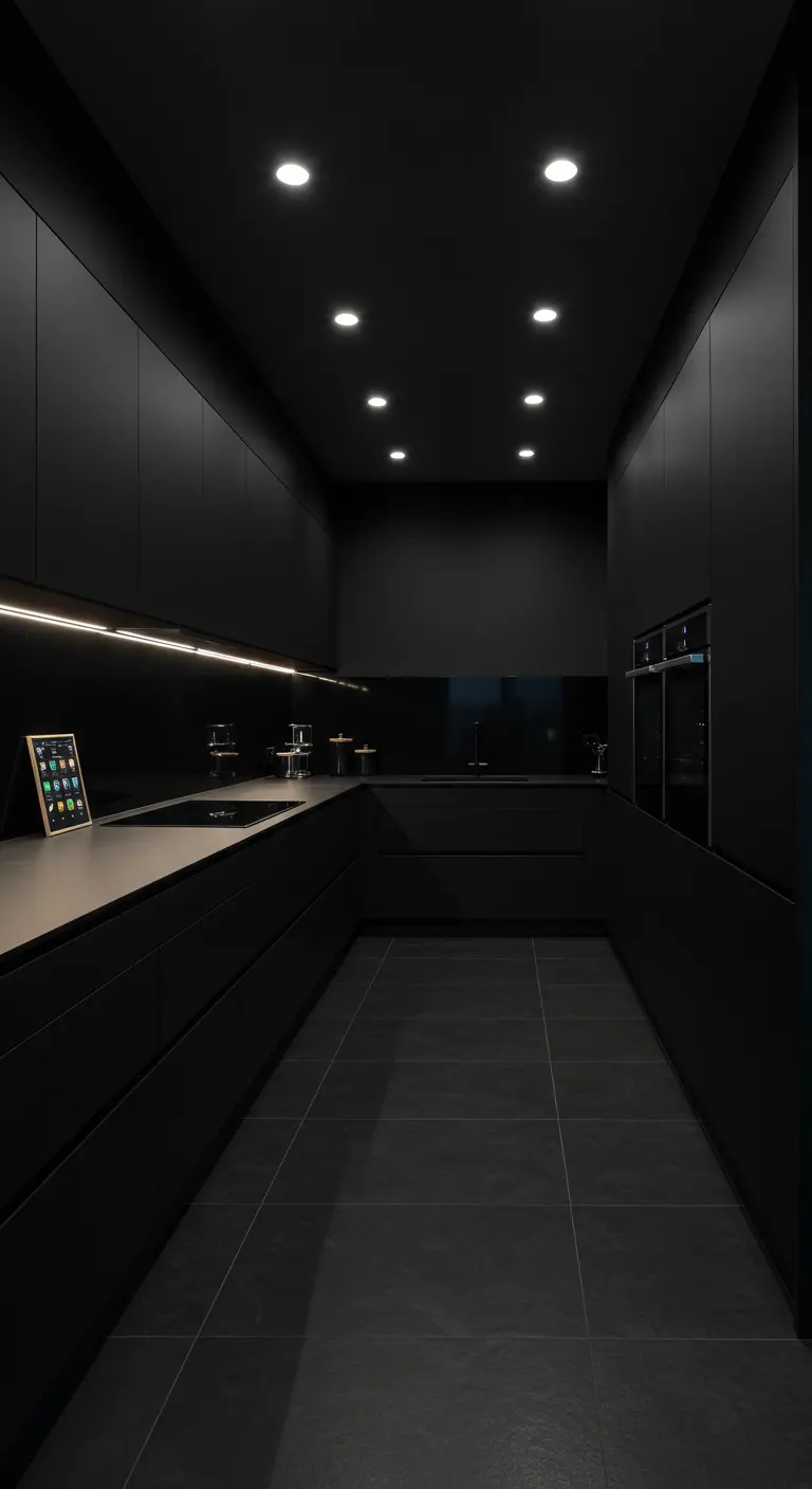 Minimalistische, volledig zwarte keuken met strakke lijnen en spotverlichting.