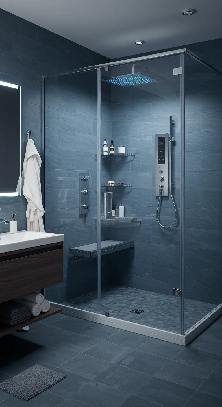 Moderne donkerblauwe/grijze douche met ingebouwd bankje, nissen en glazen wand.