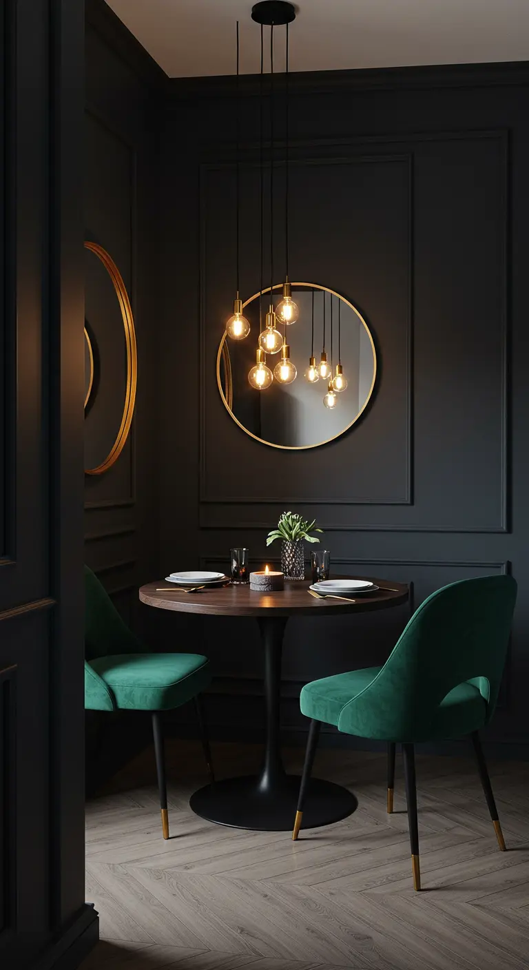Donkerblauwe eethoek met ronde tafel, groene fluwelen stoelen, gouden spiegel en clusterhanglamp.