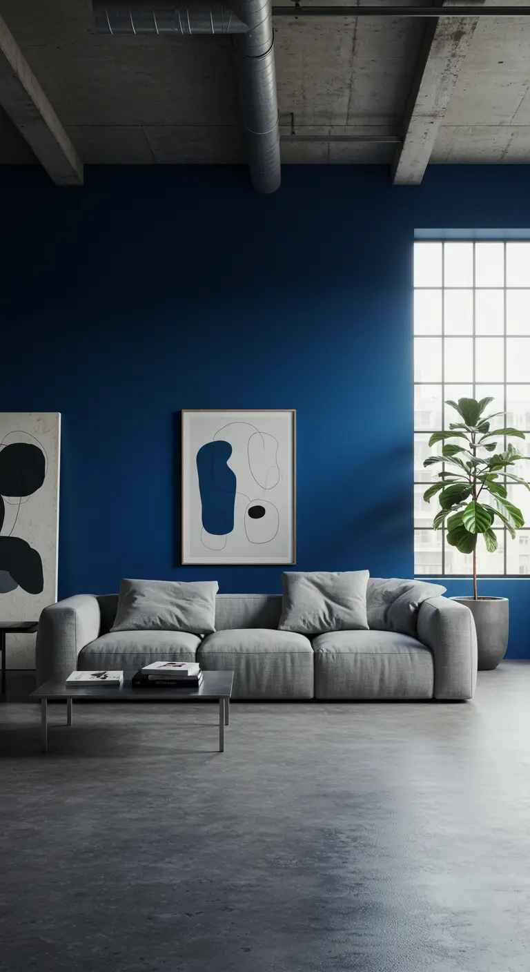 Loft woonkamer met diepblauwe accentmuur, grijze bank en groot raam.