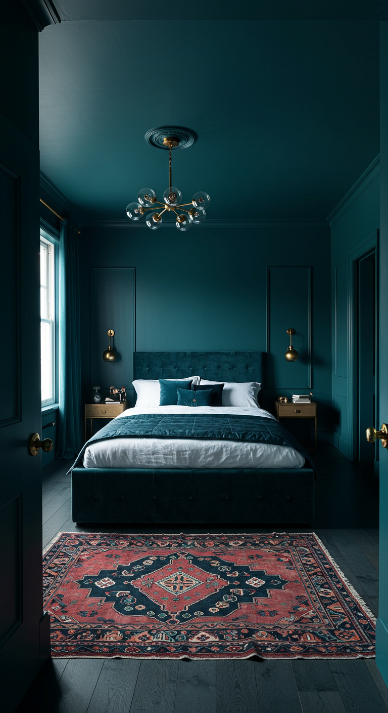 Donkerblauwe slaapkamer met fluwelen bed, messing accenten en Perzisch tapijt.
