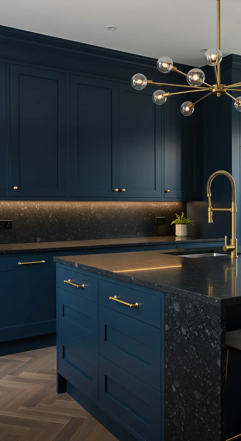 Donkerblauwe keuken met zwart aanrechtblad, gouden sputniklamp, gouden kraan en handgrepen.