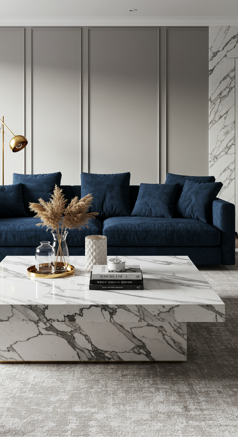 Marineblauwe fluwelen bank met marmeren salontafel en gedroogde grassen.