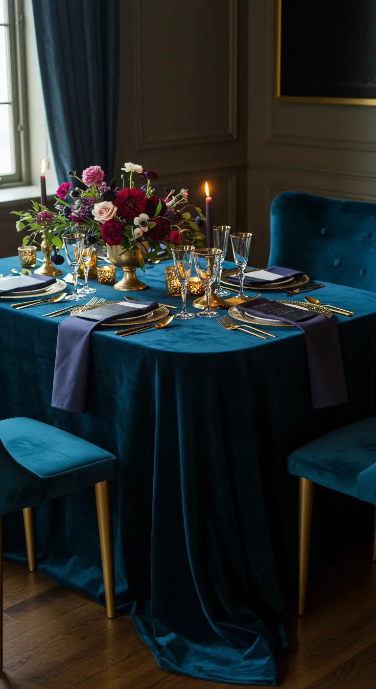 Luxe ontbijttafel met donkerblauw fluweel, gouden accenten en diepgekleurde bloemen.