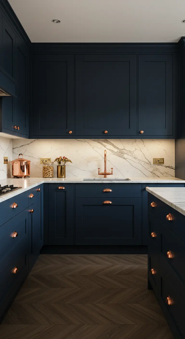 Donkerblauwe keuken met koperen knopgrepen en marmeren achterwand.