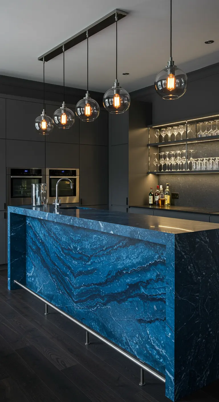 Donkere keuken met een opvallend blauw marmeren bar-eiland en sfeervolle verlichting.