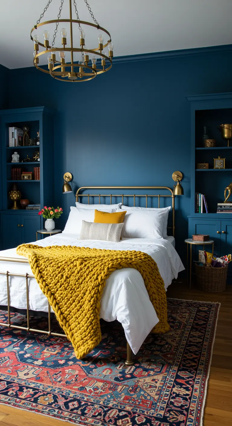 Slaapkamer met donkerblauwe muren, messing bed en okergele gebreide deken.
