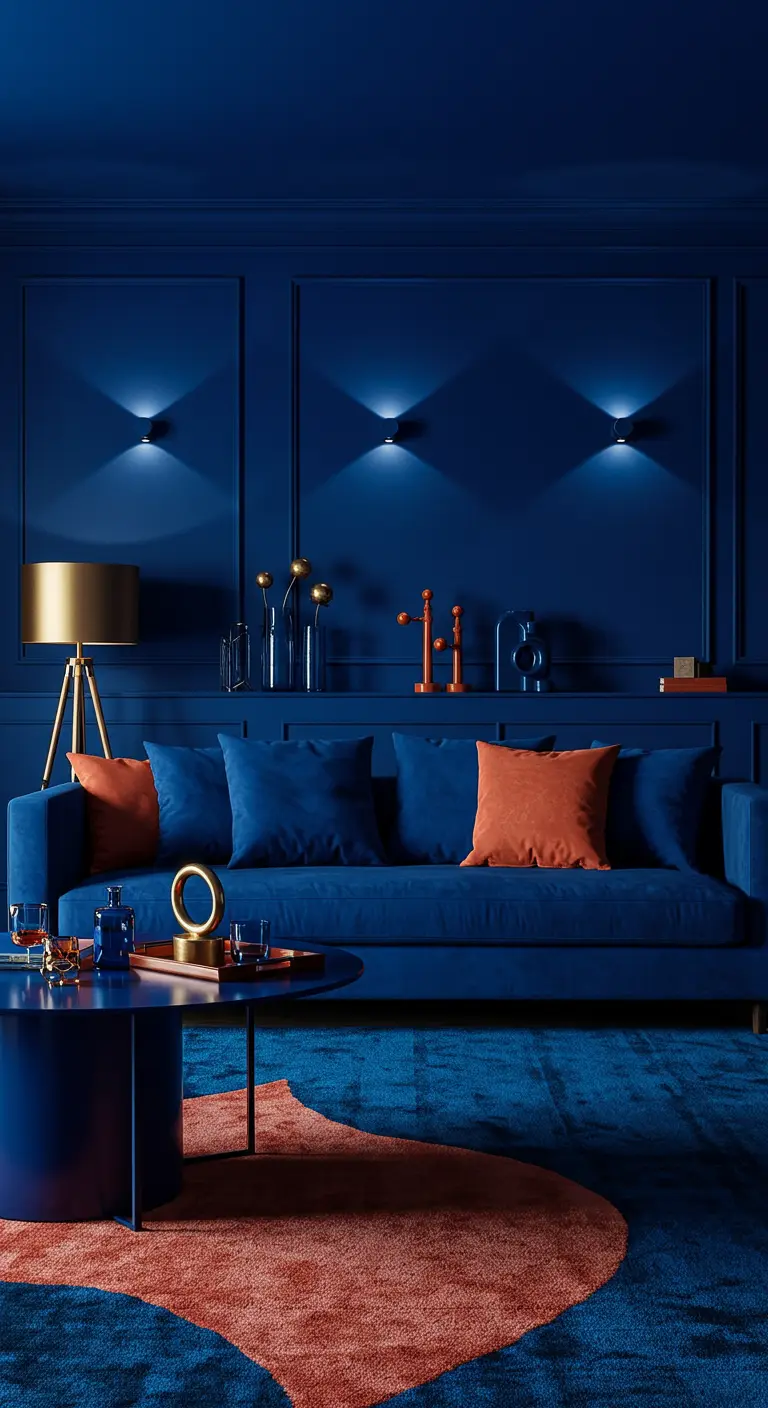 Monochroom blauwe woonkamer met blauwe bank, muren en vloerkleed, met oranje kussens.