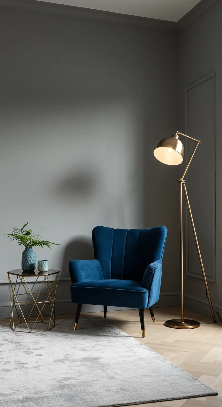 Moderne hoek met diepblauwe fluwelen fauteuil, gouden staande lamp en grijs tapijt.