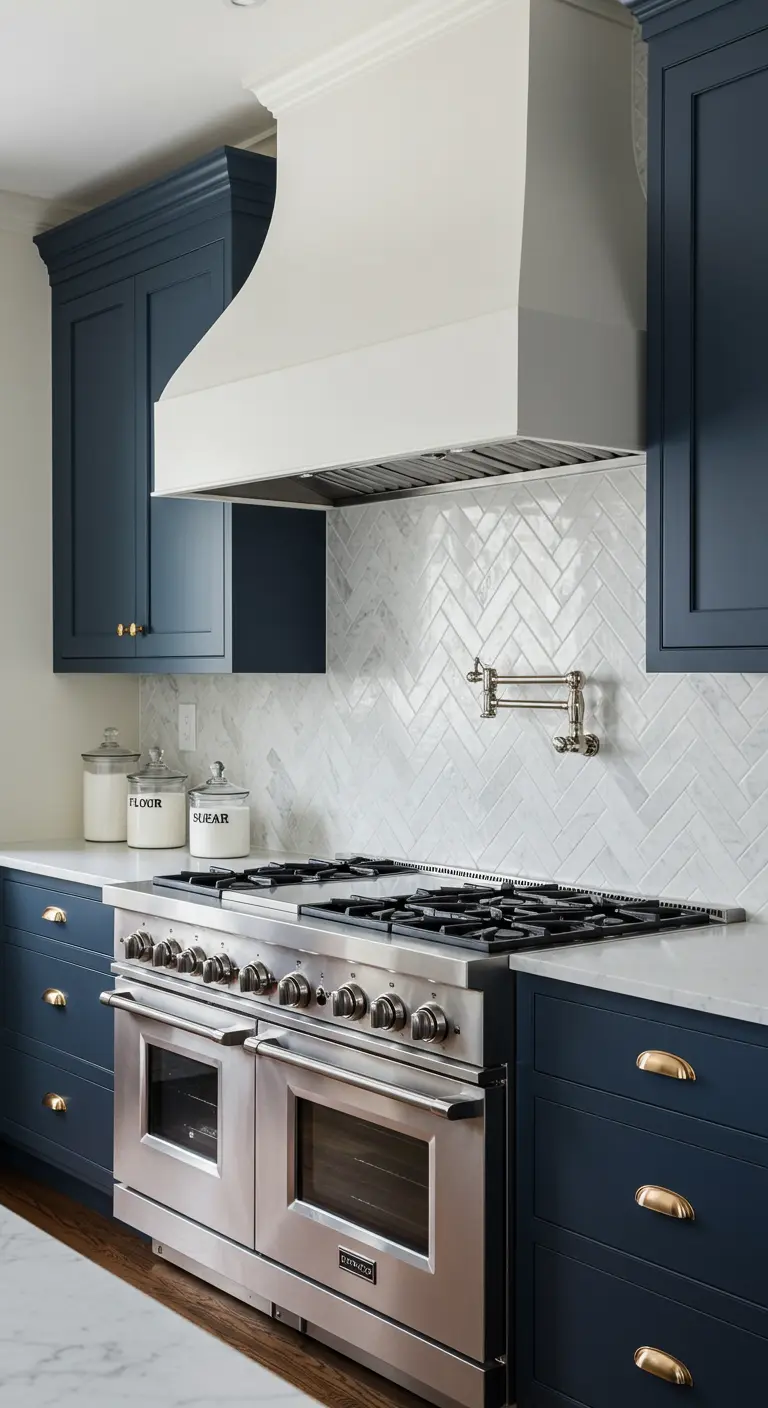 Donkerblauwe keuken met RVS fornuis, witte visgraattegels en messing details.