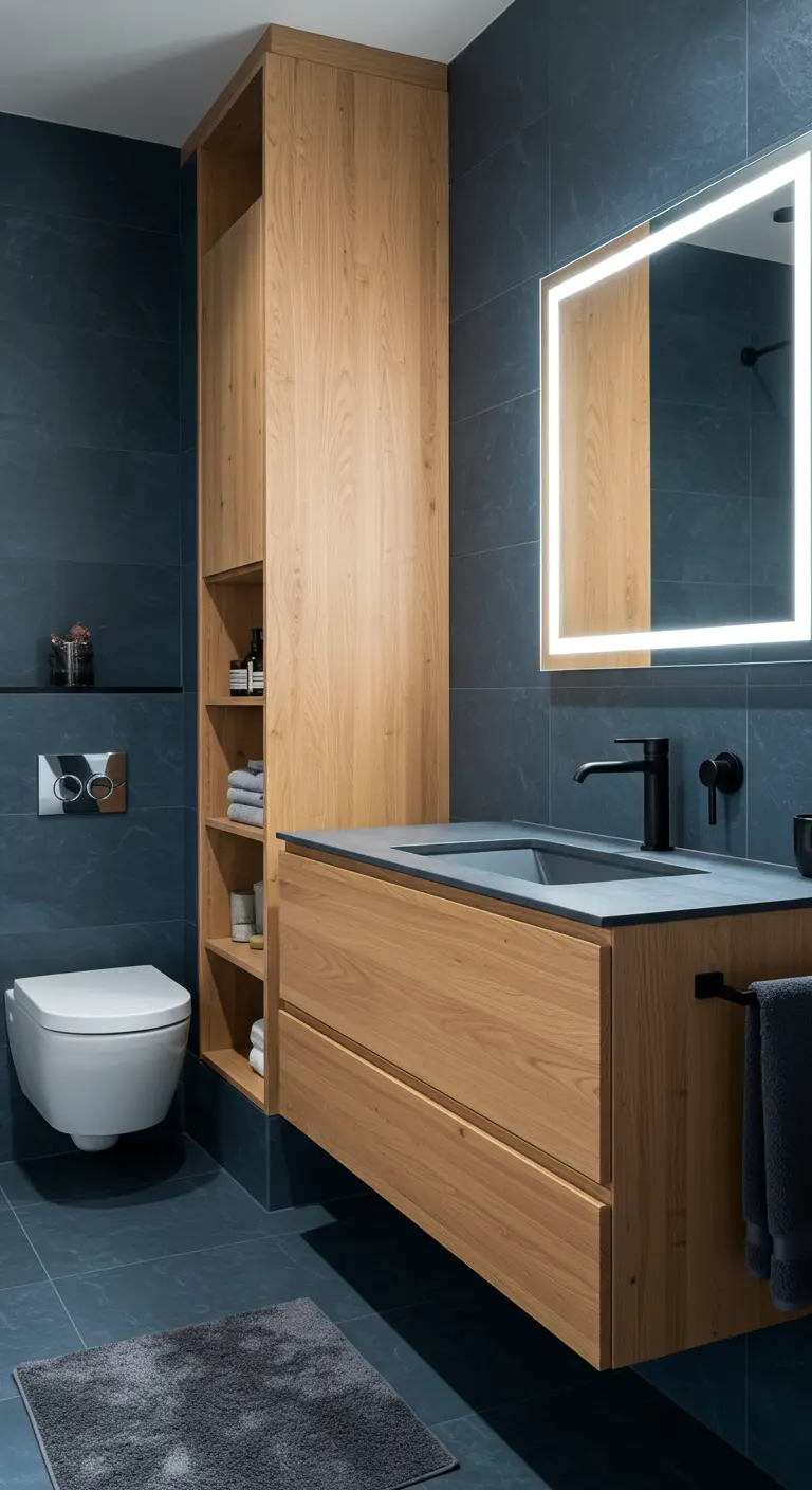 Moderne badkamer met donkerblauwe tegels, eikenhouten meubels en spiegel met LED-verlichting.