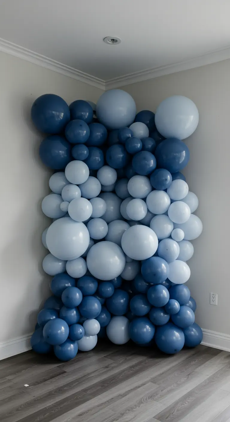 Hoek gevuld met een organische ballonnenwand in diverse blauwtinten.