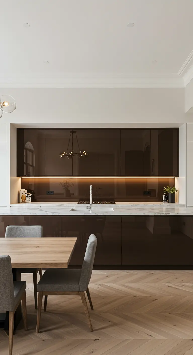 Moderne donkerbruine keuken met een glanzende, diepbruine glazen achterwand en een lichte eethoek.