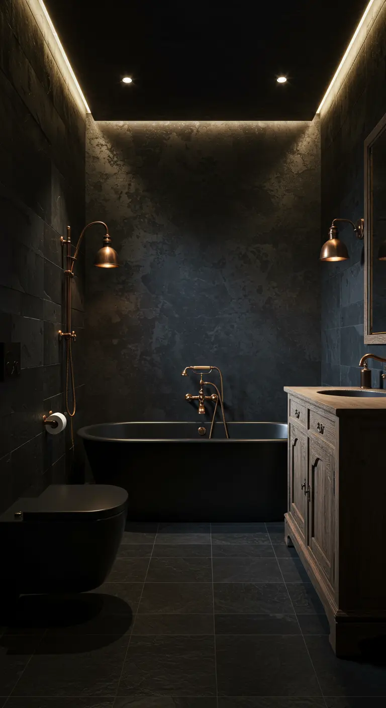 Donkere badkamer met zwart bad, koperen kranen en rustiek houten meubel.