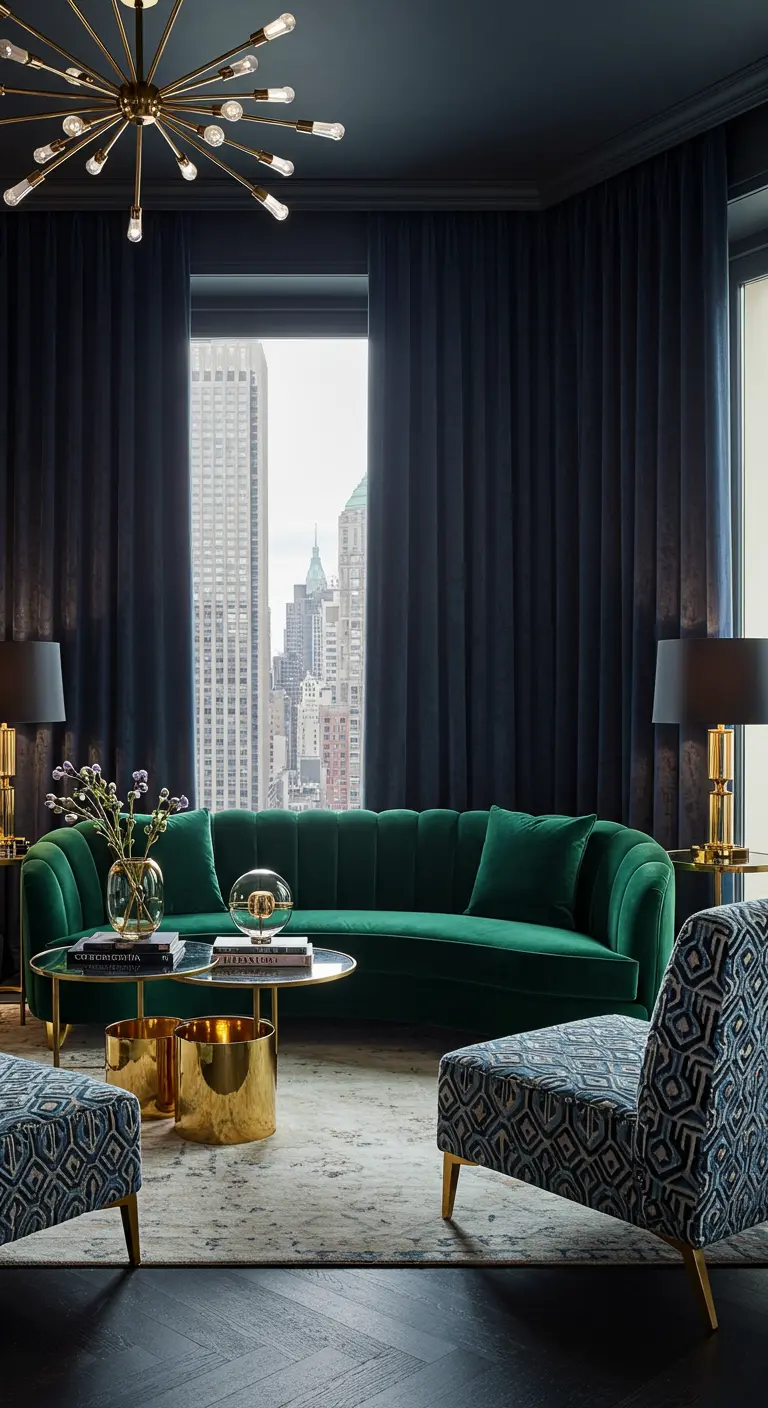 Luxe woonkamer met smaragdgroene fluwelen bank, donkerblauwe fluwelen gordijnen en gouden details.