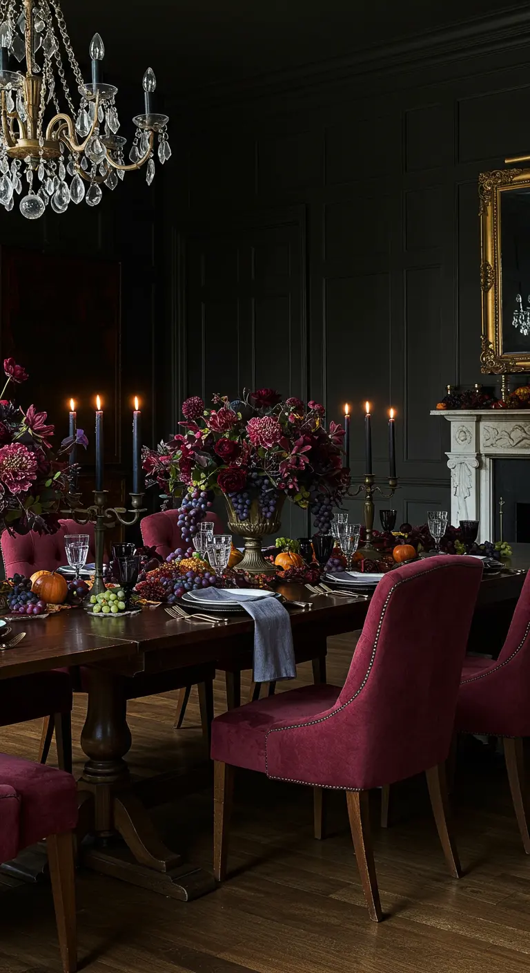Eettafel met bordeauxrode stoelen, weelderig bloemstuk, druiven, pompoenen en zwarte kandelaren.