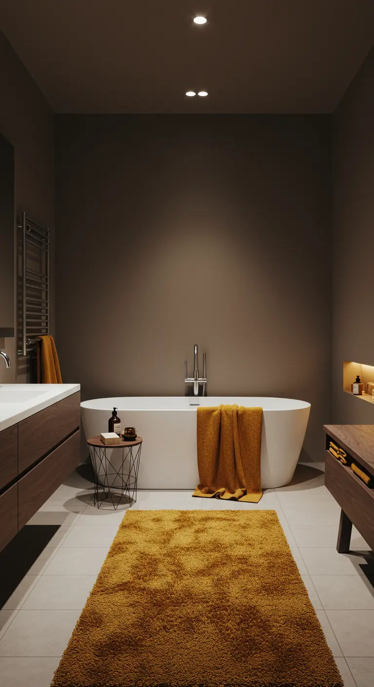 Badkamer met donkere, warme muurkleur, wit bad en okergele textielaccenten.
