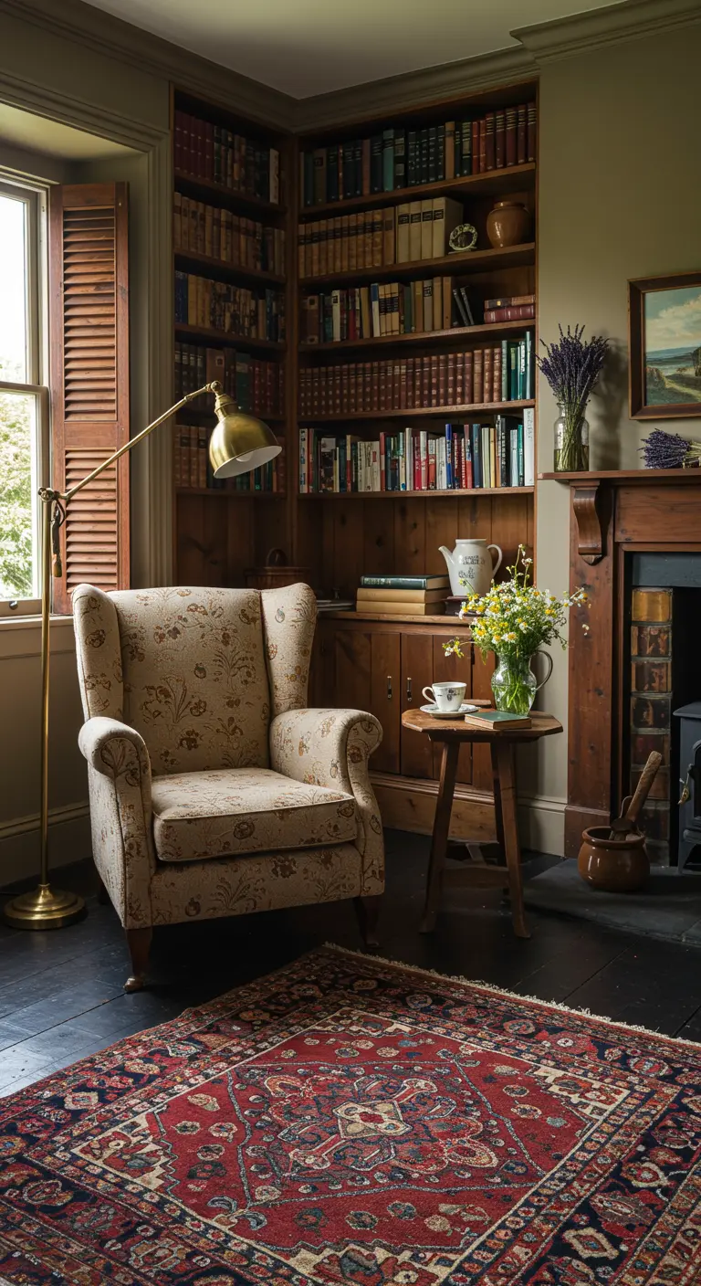 Gezellige leeshoek met fauteuil, boekenkast, lamp en bloemen.