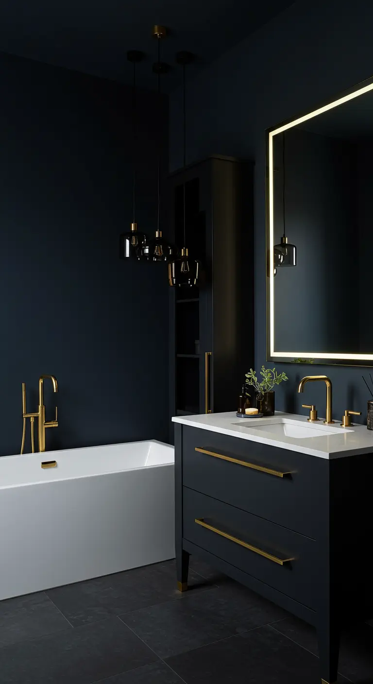 Donkerblauwe badkamer met zwarte meubels en contrasterende gouden kranen en lampen.