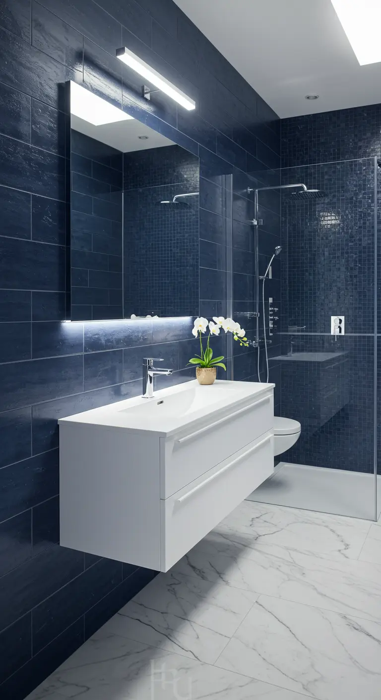Marineblauwe betegelde badkamer met zwevend wit badkamermeubel en spiegel.