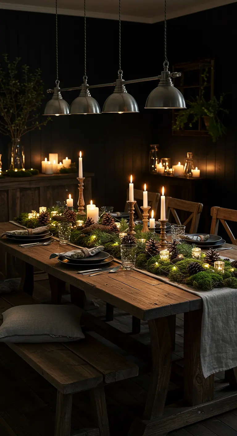 Donkere eetkamer met lange tafel, mosloper, dennenappels, lichtsnoer en veel kaarsen.