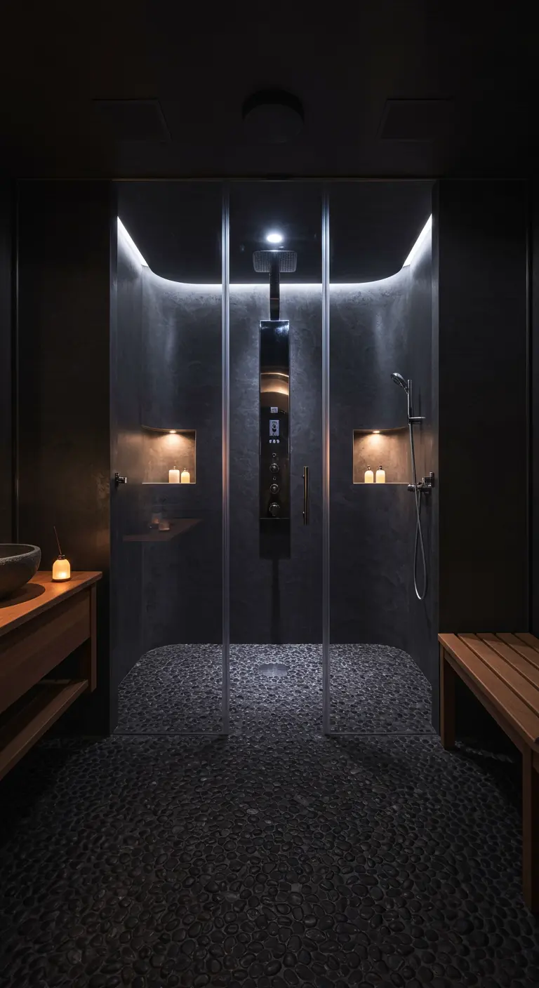 Donkere badkamer met kiezelvloer, inbouwbank, accentverlichting en regendouche.
