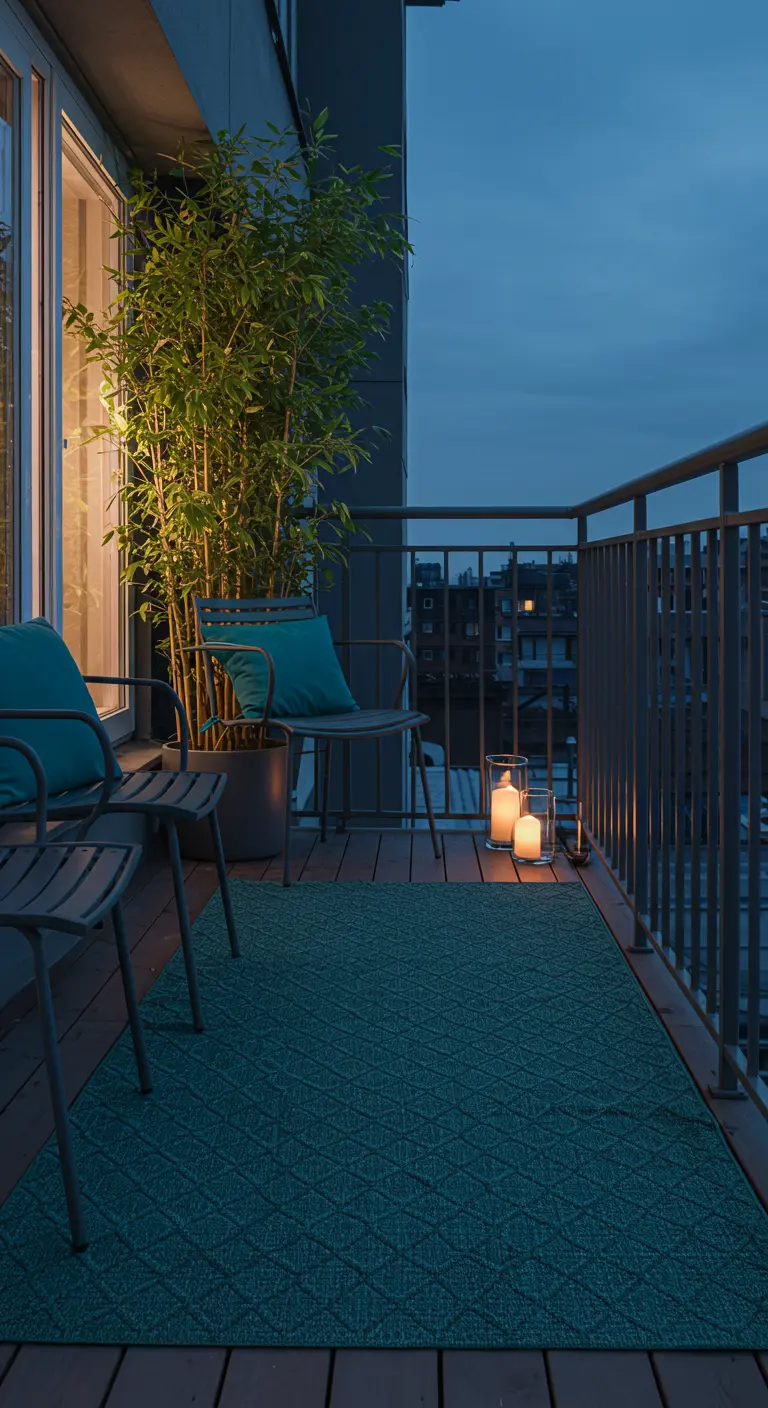 Balkon met donkergroen buitenkleed, metalen stoelen en bamboe.