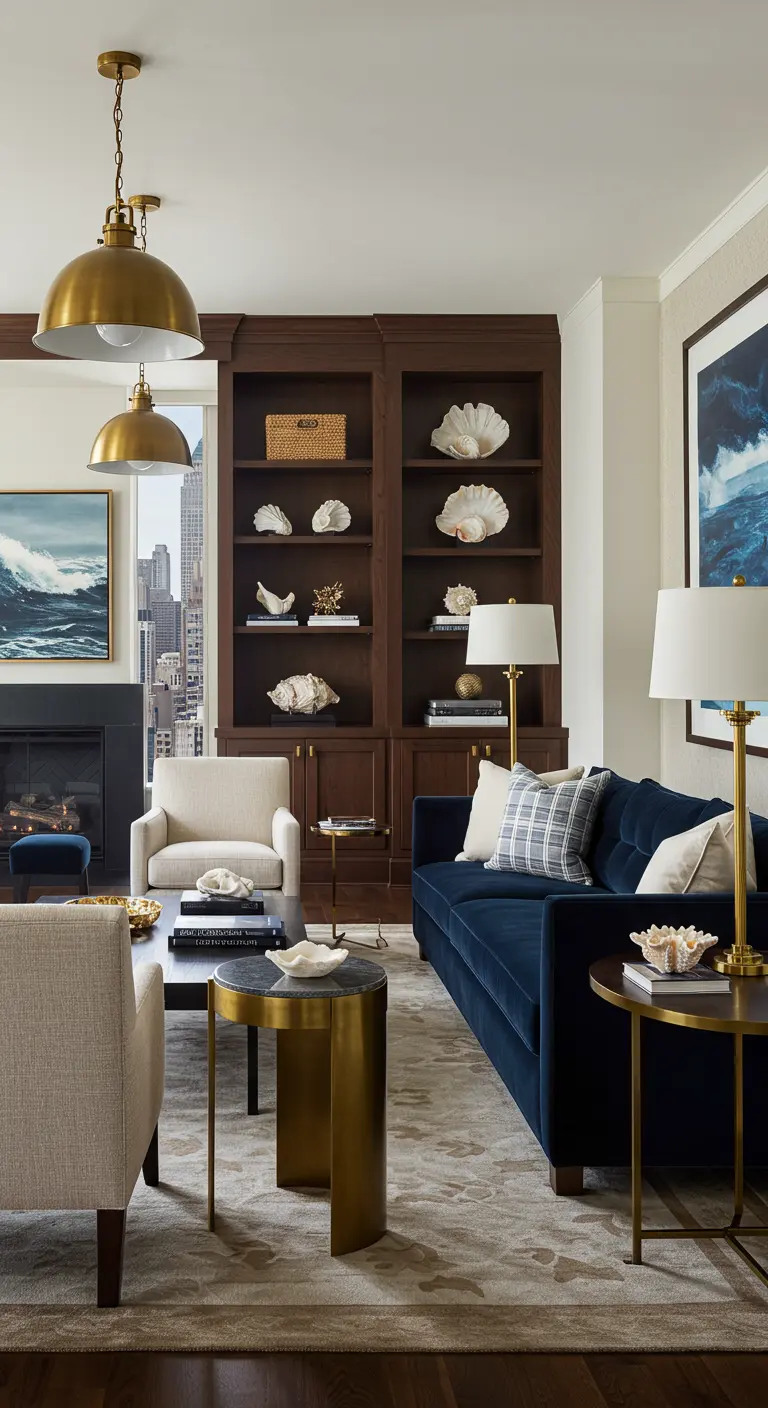 Luxe woonkamer met blauwe fluwelen bank, donkere boekenkast en gouden lampen.
