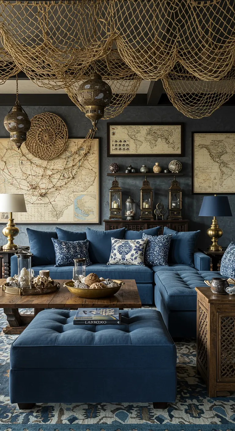 Donkere woonkamer met blauwe bank, visnet aan plafond en antieke zeekaarten.