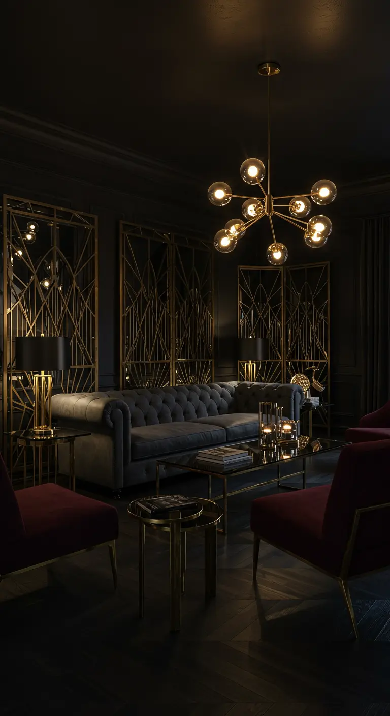 Donkere Art Deco woonkamer met diepblauwe fluwelen bank, messing schermen en gouden verlichting.