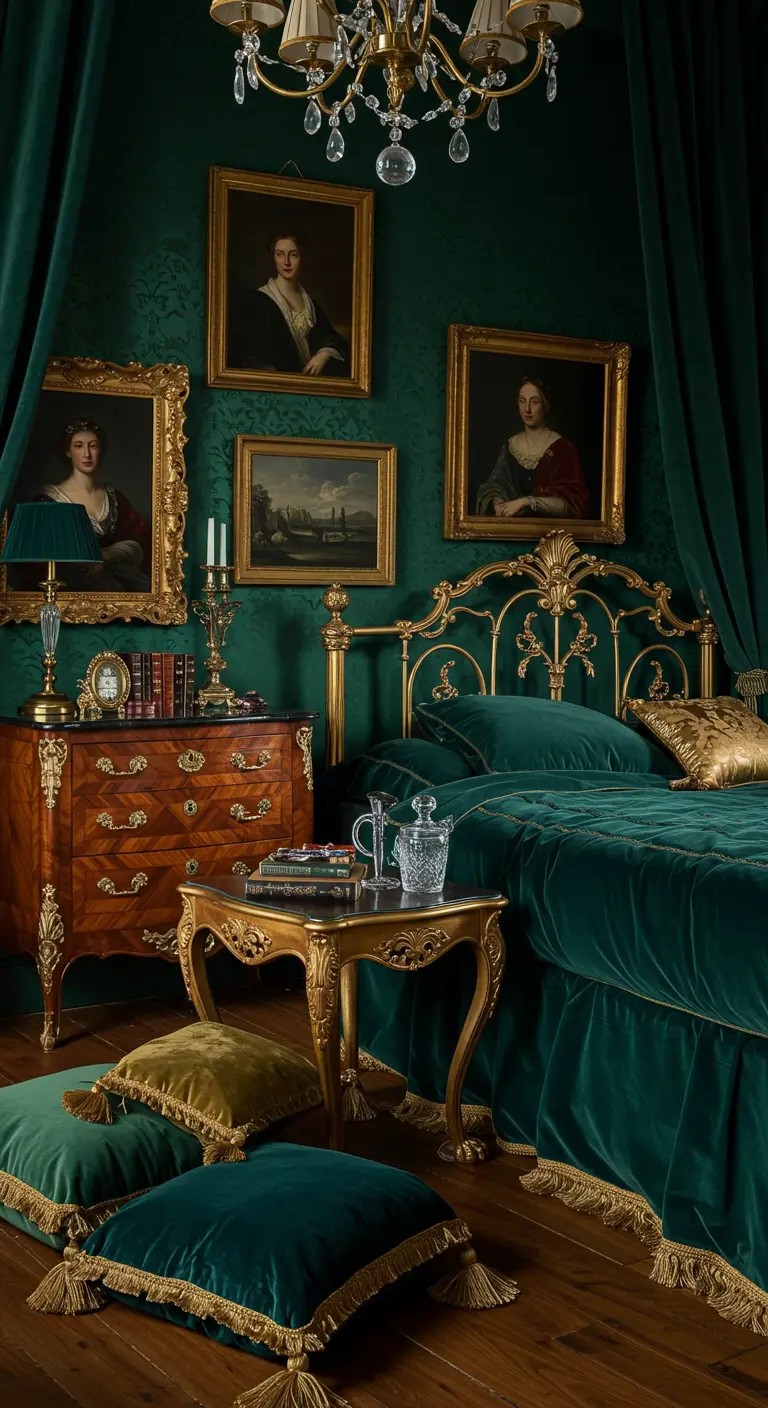 Luxe slaapkamer in donkergroen en goud met fluwelen beddengoed en klassieke schilderijen.