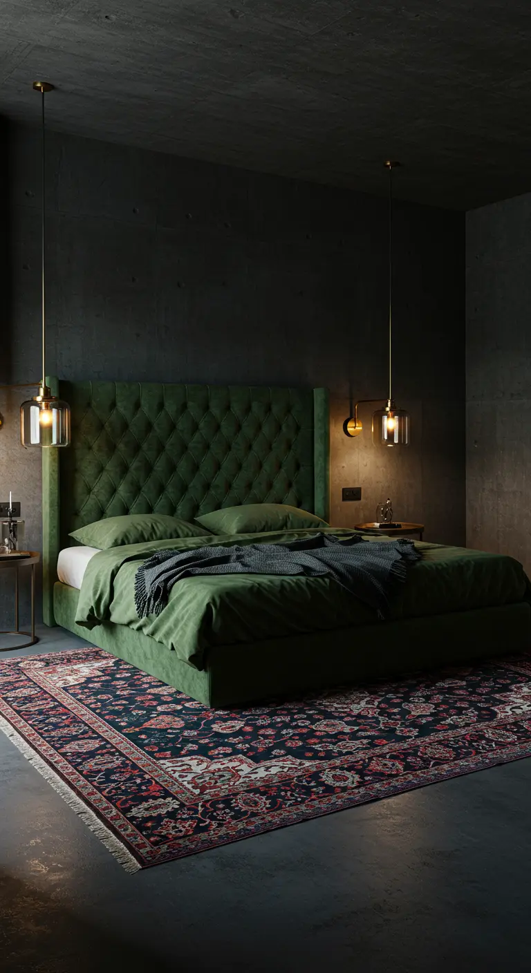 Donkere slaapkamer met beton, groen fluwelen bed en Perzisch tapijt.