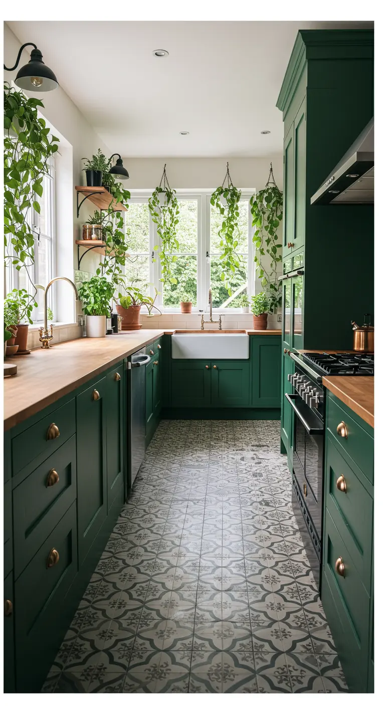 Donkergroene keuken met houten blad, patroontegels en veel hangplanten bij het raam.