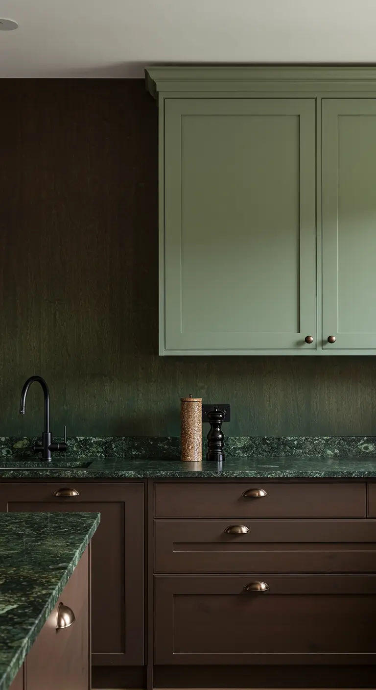 Chique keuken met donkerbruine onderkasten, groen marmeren blad en lichtgroene bovenkasten.