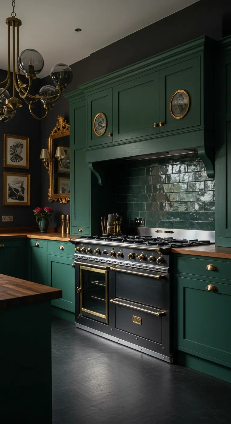 Luxueuze donkergroene keuken met gouden details, een groot zwart fornuis en glanzende tegels.
